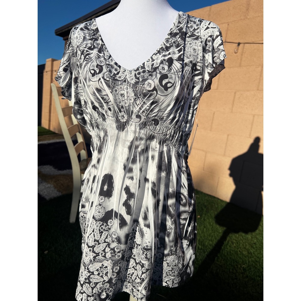 Unity World Wear Black White Paisley Lace Back Empire Waist Tunic Top Small NWT